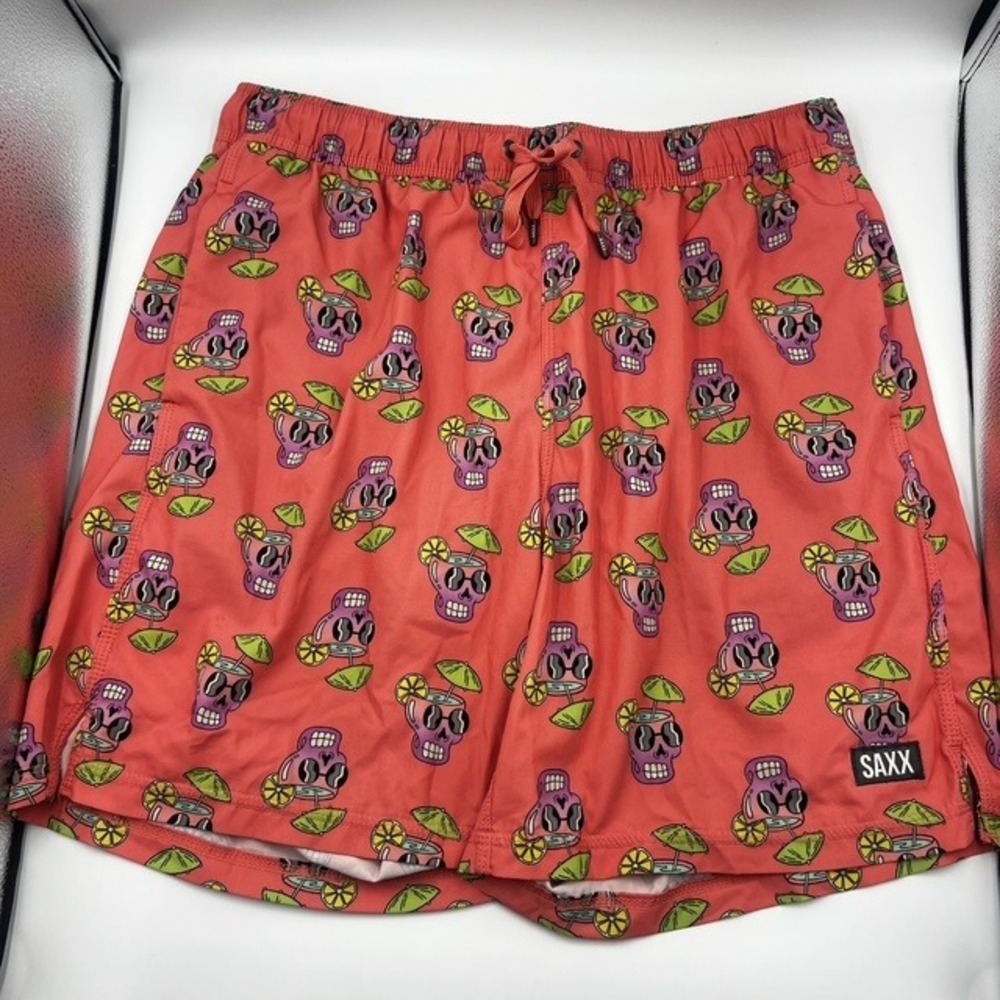 SAXX Men's Oh Buoy 2-in-1 Coral Skull Cocktail Print Swim Trunks Size Large